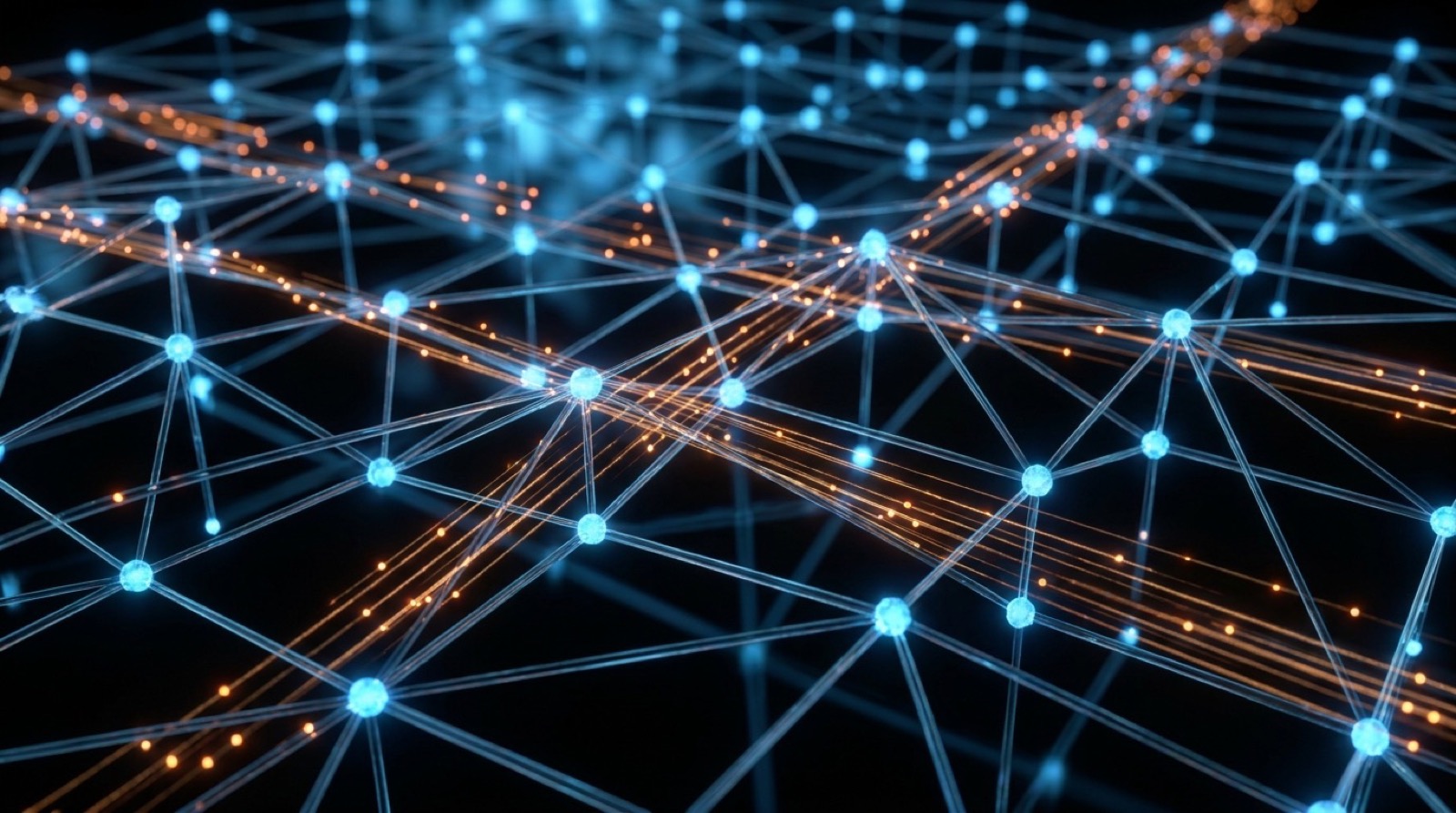 A three dimensional network lattice carrying orange data packets across glowing blue nodes