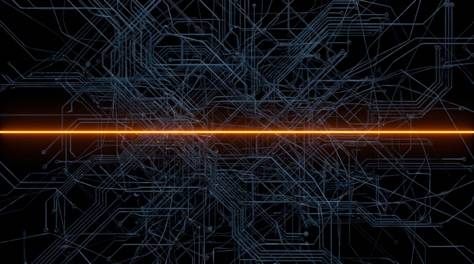 A single bright orange line running straight through a dense tangle of dim circuit traces